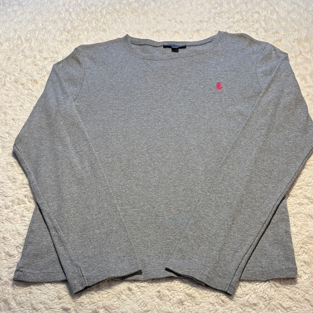 Ralph Lauren 100% Cotton Gray Long Sleeved Top with Pink Emblem (L)